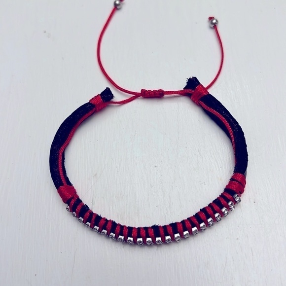 Rhinestone Leather Macrame Red Bracelet - Picture 2 of 6